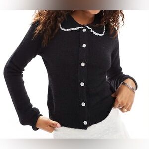 Faded Rose Black Collared Lace Flower Button Cardigan NWT